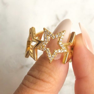 Adjustable 18k Gold Plated Star Shaped Ring, CZ Pave