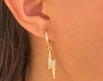 18K Gold Plated Micro CZ Pave Tiny Lightning Hoop Earrings