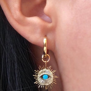 18K Gold Plated Evil Eye Charm Hoops w/ Removable Charm