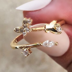 Adjustable 18k Gold Plated Butterfly Ring, CZ Pave