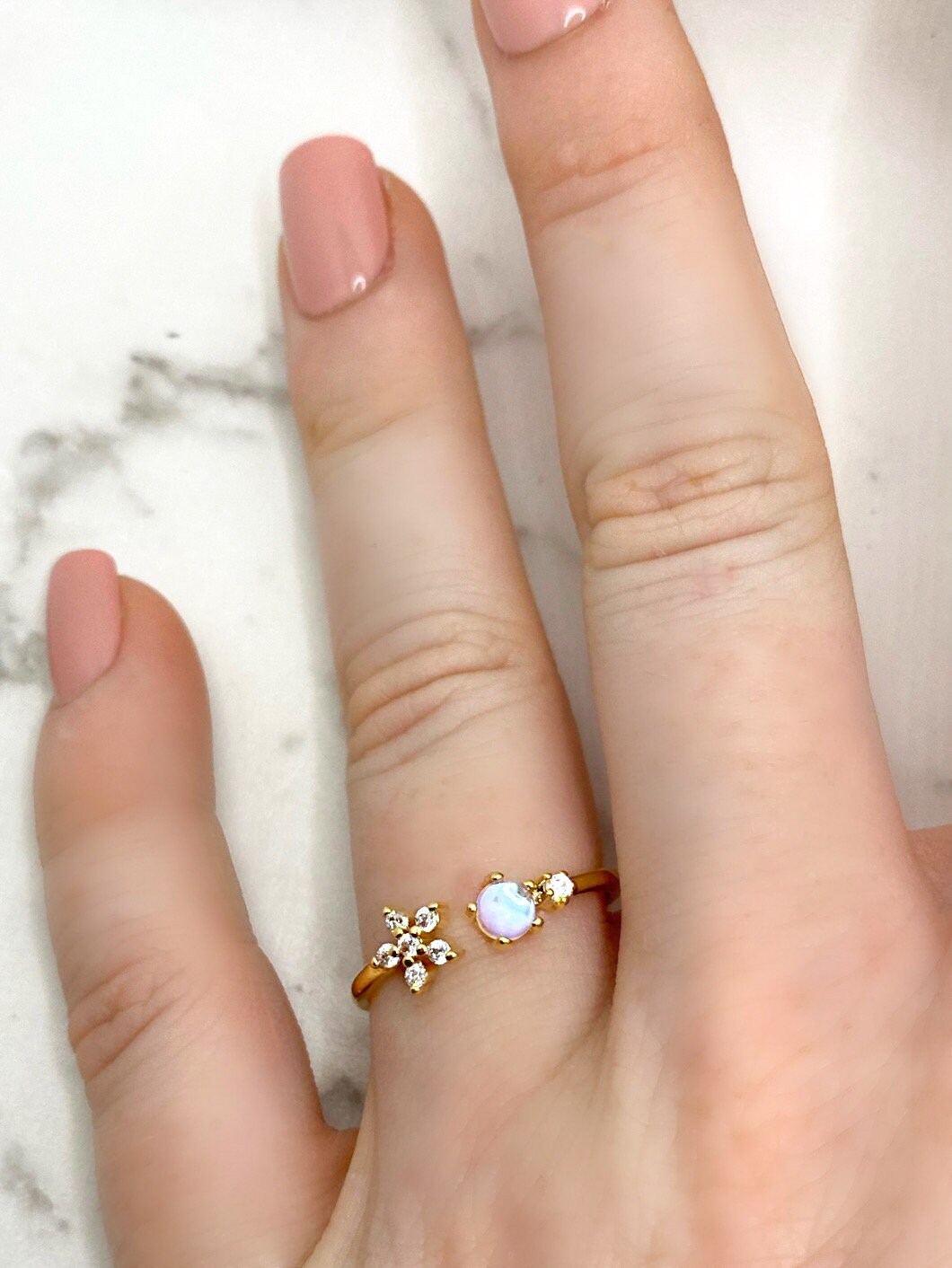 Adjustable 18k Gold Plated Flower Ring With Clear Gem Detailing, CZ ...