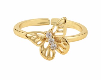 Adjustable 18K Gold Plated Butterfly Ring. CZ Pave Butterfly Ring. Multiple CZ Pave Ring