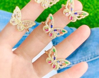 Adjustable 18K Gold Plated Butterfly Ring. CZ Pave Butterfly Ring. Multiple CZ Pave Ring