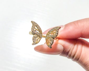 Adjustable Gold Butterfly Ring, CZ Pave