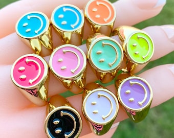 18K Gold Plated Smiley Face Ring. Colorful Enamel Ring. Summer Candy Ring