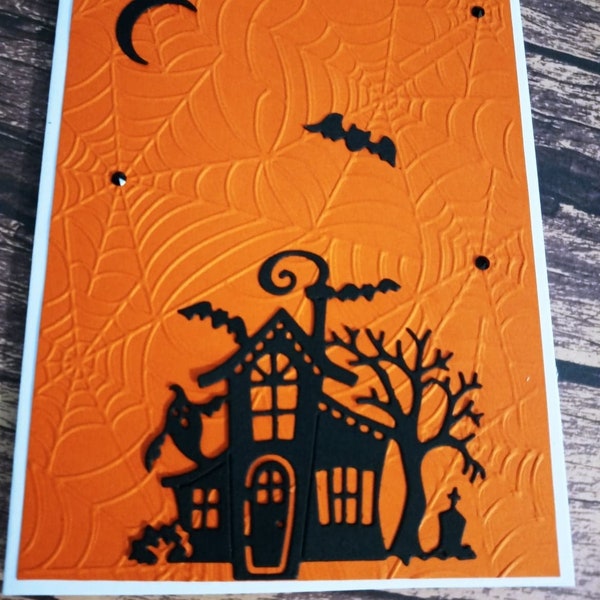 Haunted House Halloween Greeting Card One of a kind card Spooky Halloween Die Cut Card Embossed Spider Web Card OOAK Hand Made Greeting Card