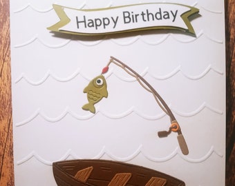 Birthday Fishing Card Happy Birthday Greeting Card OOAK Card Hand Made Card Embossed Wave Card with fishing boat and fishing pole