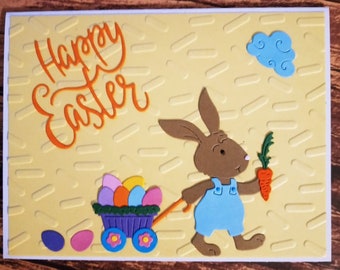 Happy Easter Embossed Bunny Pulling an Easter Wagon Full of Eggs OOAK Greeting Card Hand Made Card Easter Greetings Die Cut Easter Card