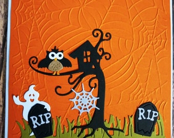 Halloween Embossed Hand Made Greeting Card One of a kind Card Scary graveyard die cut card Embossed spider Web Halloween Card OOAK Card