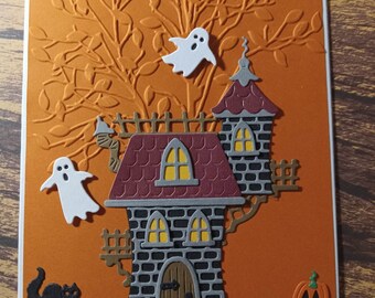 Haunted Ghost Castle Hand made greeting card Embossed One of a Kind Card Halloween Blank Greeting Card Spooky Ghost Card Die Cut Card OOAK