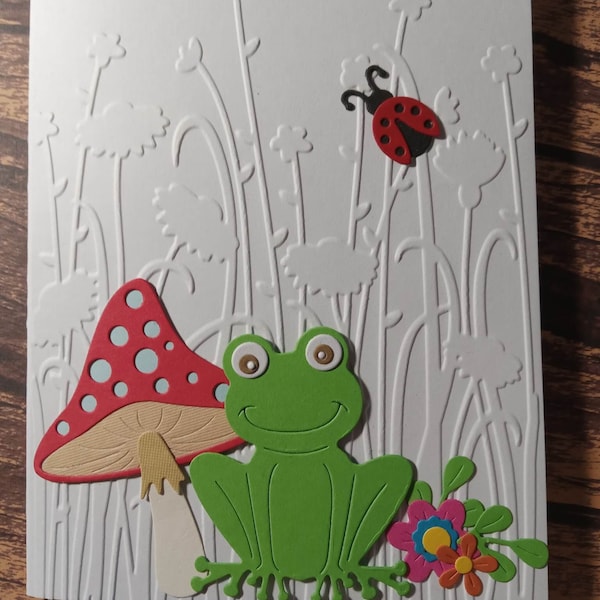 Smiling Frog in the garden hand made one of a kind greeting card embossed garden card frog with mushroom and ladybug card blank card ooak
