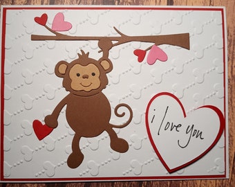 I Love You Embossed Card with Monkey Hanging From A Tree Branch Valentine's Day Card Thinking of You Card I Miss You Card Embossed Card OOAK