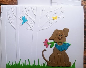 All Occasion One of A Kind Greeting Card Embossed Hand Made Card Die Cut Dog Holding Flower Happy Birthday Thinking of You Mother's Day