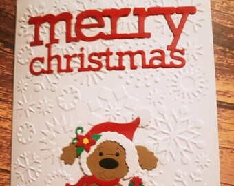 Merry Christmas Santa Dog Embossed Greeting Card Snowflake Embossed One of a kind card hand made greeting card die cut Christmas Card