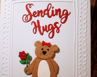Sending Hugs One of a Kind Greeting Card Teddy Bear Embossed Blank Card Thinking of You Card Hand Made Card Birthday Card Mother's Day Card