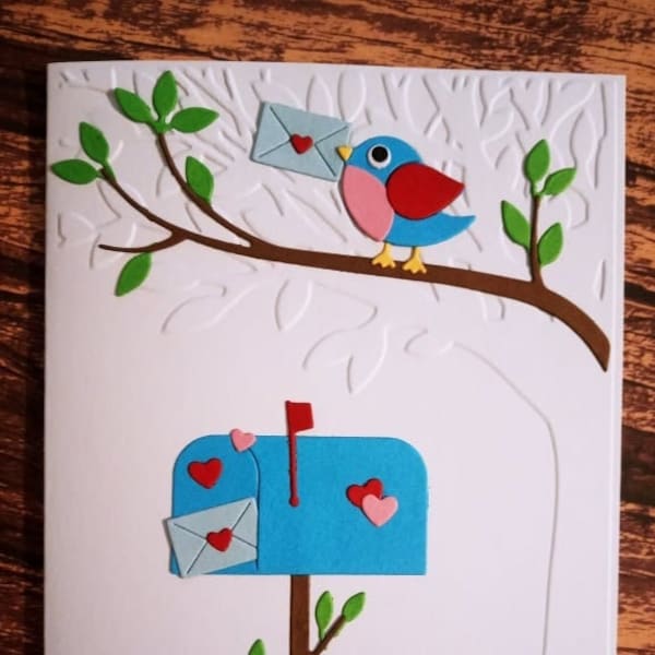 Bird Delivering Love Letters Hand Made Greeting Card One of a kind Card Embossed Tree Card Valentine's Day Card Mother's Day Card Birthday