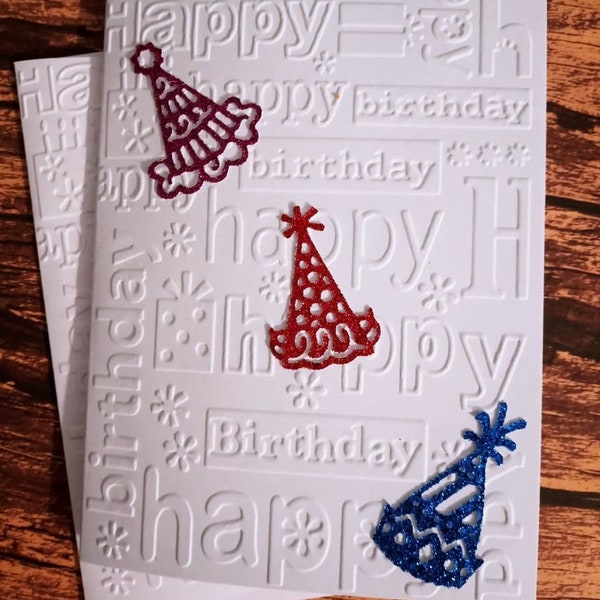 Happy Birthday Embossed with Die Cut Birthday Party Hats Greeting Card One of a Kind Card Hand Made Card Celebration Card OOAK Blank Card