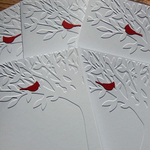 5 Embossed Tree Cards With Red Cardinal, Greeting Cards, Handmade Blank Card Set, Note Cards, Thank You Cards, Birthday Cards, Sympathy Card