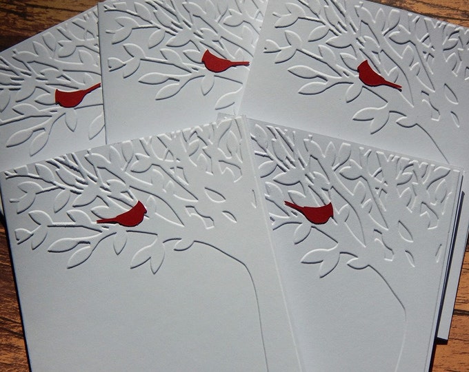 5 Embossed Tree Cards With Red Cardinal Greeting Cards Etsy