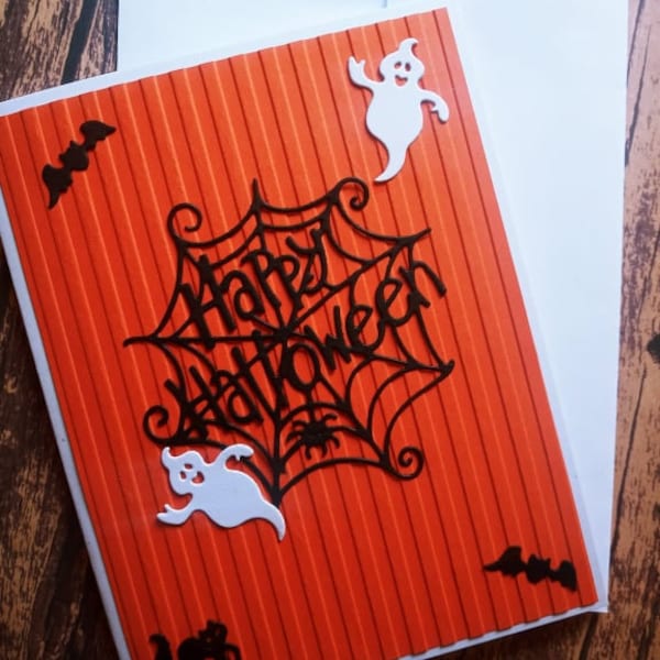 Happy Halloween Spider Web Greeting Card Holiday Greeting Card One of a kind card Halloween Ghost card with bats and black cat embossed card