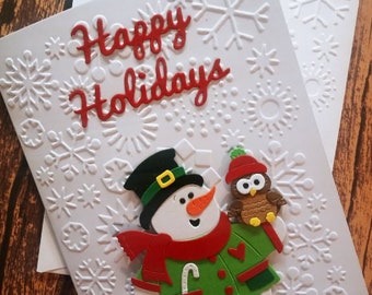 Happy Holidays Snowman Holding an Owl One of a kind greeting card Embossed Holiday Card Christmas Card Hand Made Card Die Cut Christmas Card