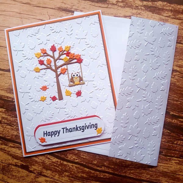 Happy Thanksgiving handmade greeting card die cut embossed card blank card fall card Thanksgiving falling leaves card OOAK card