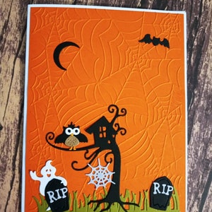 Halloween Embossed Hand Made Greeting Card One of a kind Card Scary graveyard die cut card Embossed spider Web Halloween Card OOAK Card image 3