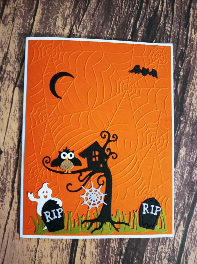 Halloween Embossed Hand Made Greeting Card One of a kind Card Scary graveyard die cut card Embossed spider Web Halloween Card OOAK Card image 3