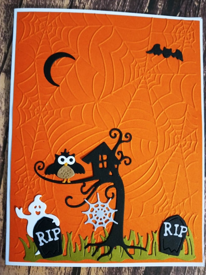 Halloween Embossed Hand Made Greeting Card One of a kind Card Scary graveyard die cut card Embossed spider Web Halloween Card OOAK Card image 1