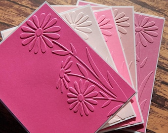 5 Flower Cards in shades of pink, Mother's Day Cards, Greeting Cards, Birthday Cards, Thinking of you cards, Embossed flower cards