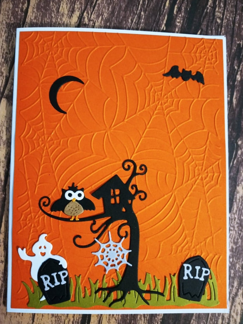 Halloween Embossed Hand Made Greeting Card One of a kind Card Scary graveyard die cut card Embossed spider Web Halloween Card OOAK Card image 4