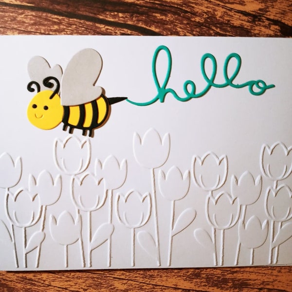 Hello Bee Embossed Tulip One of a Kind Greeting Card Hand Made Card All Occasion Card Thinking of You Card Hello Card I Miss You Card OOAK