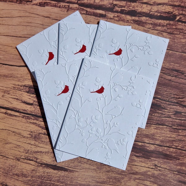 5 Embossed Cardinal Cards in Trees Hand Made Blank Greeting Cards Embossed Card Set All Occasion Cards Thinking of You cards OOAK Cards