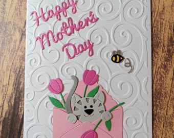 Happy Mother's Day Kitten in an envelope Handmade Greeting Card Embossed Blank Card One of a kind Card Mom's Day Card OOAK Card Die Cut Card