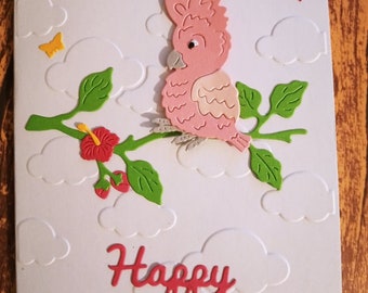 Happy Birthday Embossed One of a kind Greeting Card with Cockatoo  Hand Made Card Birthday Greetings Embossed Cloud with Die Cut Cockatoo