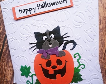 Happy Halloween Cat in Pumpkin Greeting Card One of a kind card hand made card Halloween card Holiday cards blank greeting card Fall cardd