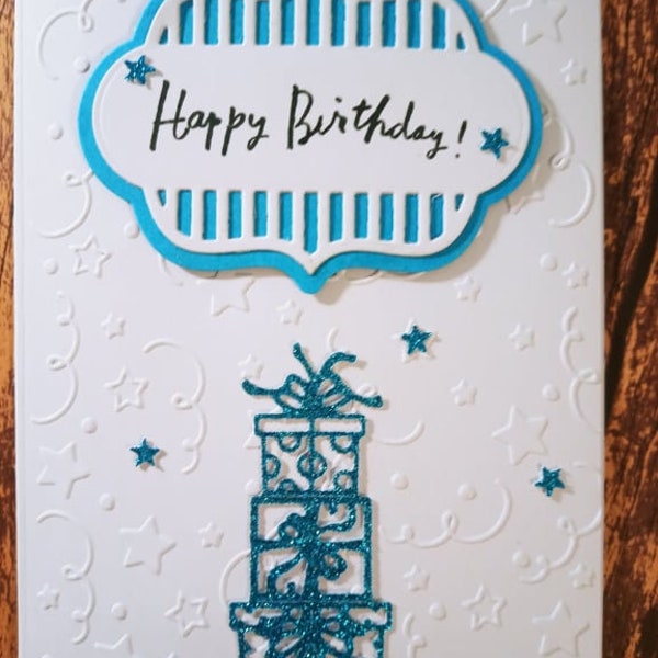 Happy Birthday Glitter Presents Hand Made Greeting Card One of a kind Card Birthday presents card Embossed Stars and Swirls Happy Birthday