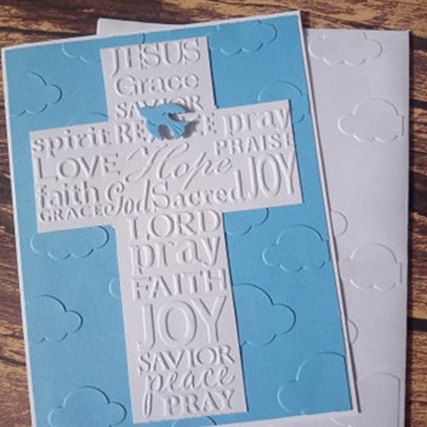 Cross with bird embossed with clouds greeting card, religious card Easter card Thinking of You card blank card embossed cross card ooak