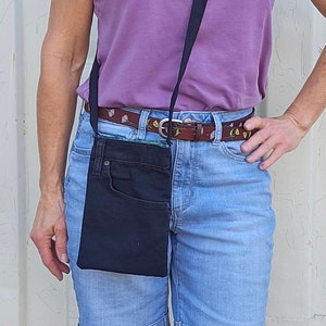 Denim crossbody bag, messenger bag black, cell phone pouch, repurposed jeans, black jeans bag, tote bag black, shoulder bag, hands free  D59