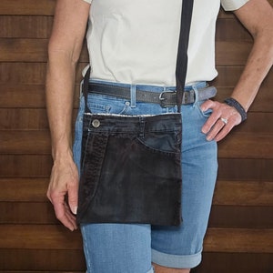 Cell phone pouch, purse brown denim velour, crossbody jeans bag brown, messenger bag brown velour denim, upcycled denim, tote bag denim D108