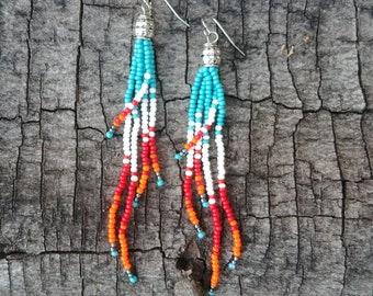 Fringe earrings, southwestern beaded earrings, boho tassel earrings, statement earrings, chandelier earrings, long earrings, turquoise   E51