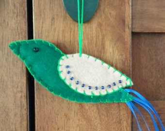 Bird ornament, felt bird, christmas ornament, holiday bird, green bird, tree decor, beaded bird, nature lover, gift for home, ooak gift FB3