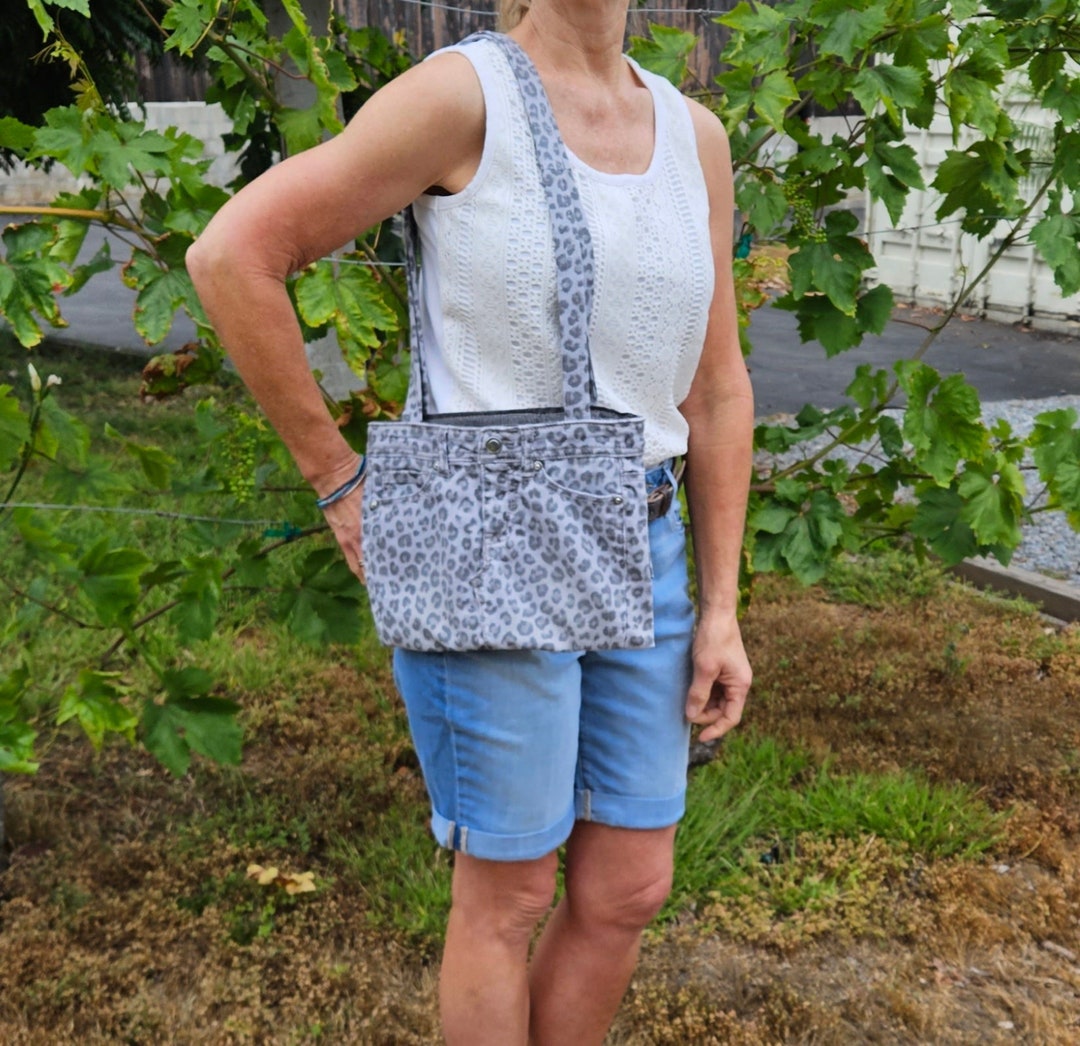 Shoulder Bag Denim, Recycled Jeans Purse, Gray Leopard Print Denim