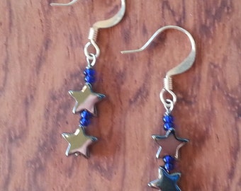 Earrings blue stars, hematite jewelry, metallic star beads, earrings hematite, hematite star beads, stone beads earrings, gift for her   E02