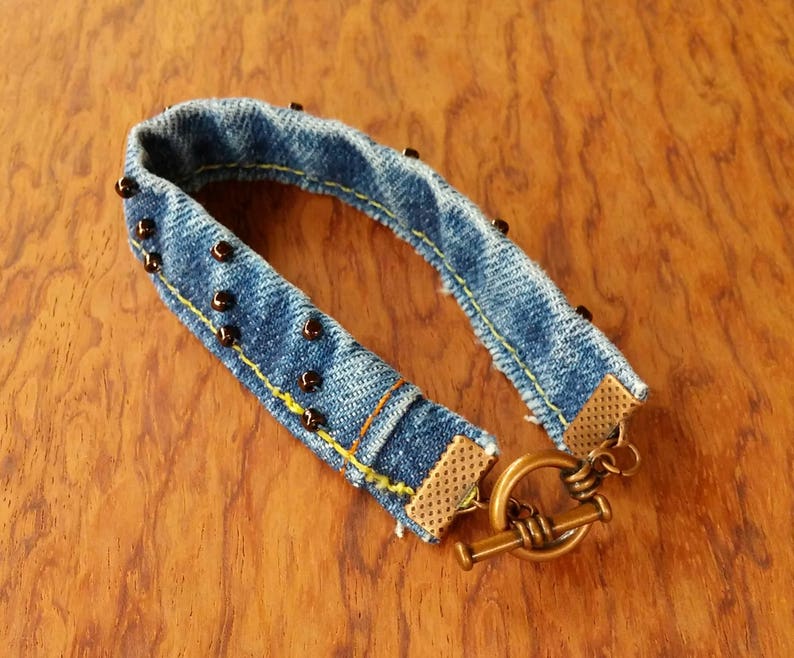 Cuff bracelet denim blue jeans bracelet denim beaded Etsy