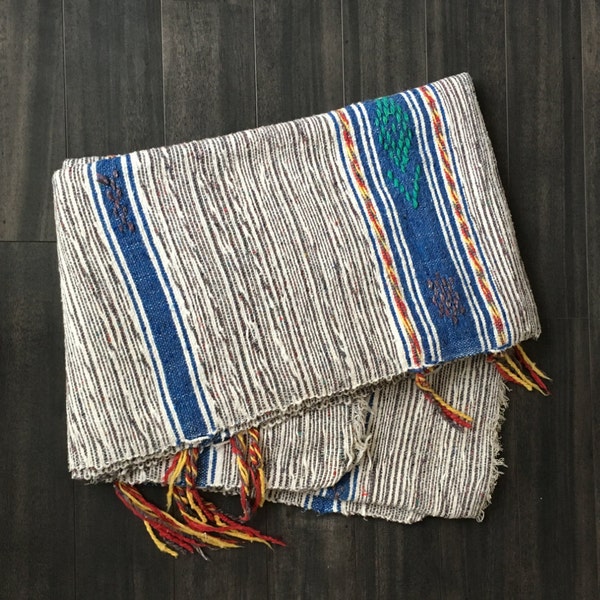 Vintage Mexican Style Woven Bohemian Blanket or Rug with Tassels Large Wall Hanging