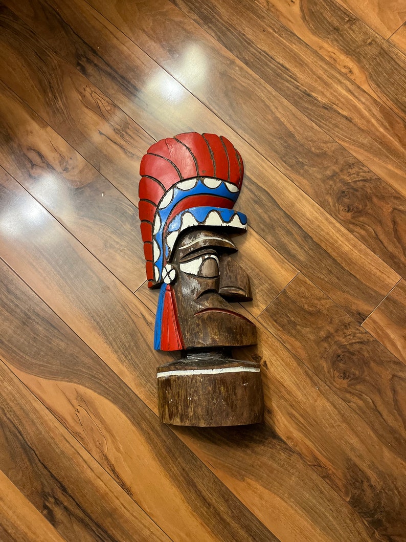 Totem Pole Carved Wood Indian Chief Mask Native American Art Tiki Wall Art Antique Wooden image 5