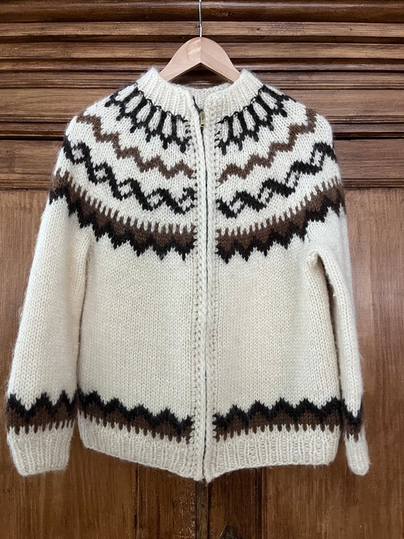Vintage Handmade Ski Sweater Cream & Brown Wool M… - image 4