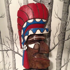 Totem Pole Carved Wood Indian Chief Mask Native American Art Tiki Wall Art Antique Wooden image 3