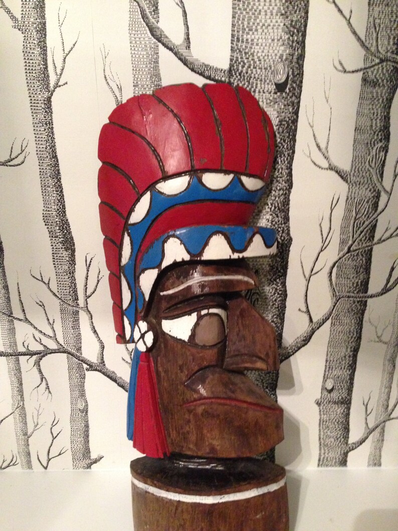Totem Pole Carved Wood Indian Chief Mask Native American Art Tiki Wall Art Antique Wooden image 3